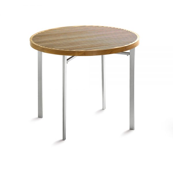 Jane Hamley Wells BEO_BO8121_A modern outdoor round table teak top stainless steel