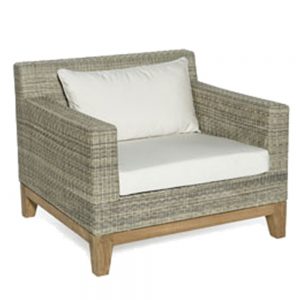 Jane Hamley Wells EYESEA_DOVRLC01_A modern luxury all-weather wicker rattan and teak lounge chair with upholstered cushions