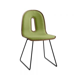 Jane Hamley Wells GOTHAMWOODY_SL-I_A modern guest seating upholstered molded walnut veneer chair on steel sled base