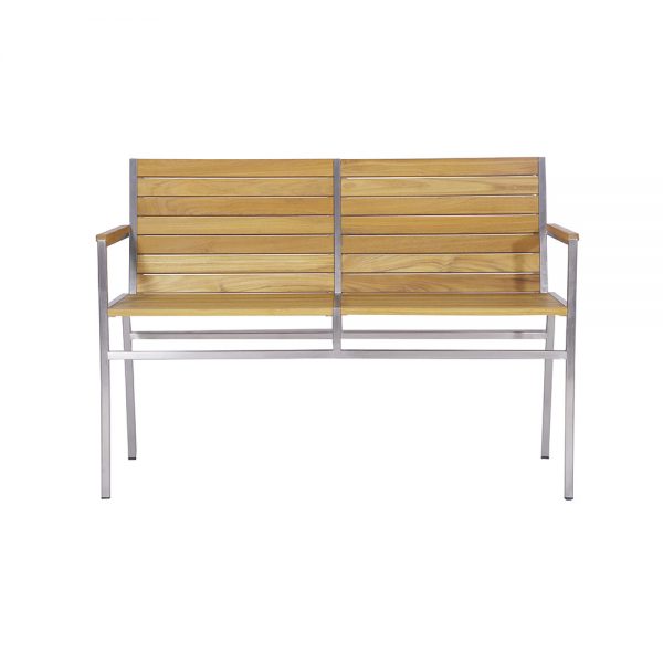 Jane Hamley Wells JAZZ_JZ9103_A modern indoor outdoor stackable 2-Seater armrest bench teak wood stainless steel frame