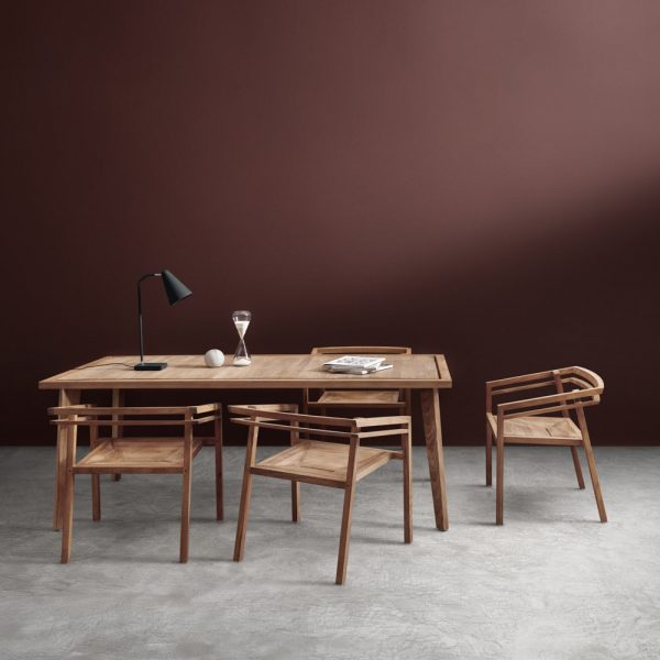 Jane Hamley Wells SATURNO_ST8102_Lifestyle_1 modern indoor outdoor dining table arm chairs teak wood