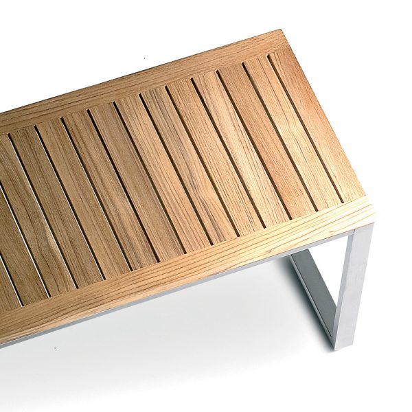 Jane Hamley Wells TAJI_TJ3001_B modern indoor outdoor dining bench backless teak stainless steel detail_1