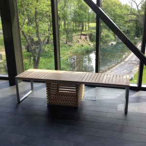 Jane Hamley Wells TAJI_TJ3104.M modern medium indoor outdoor accent dining bench backless storage box teak stainless steel lifestyle_1