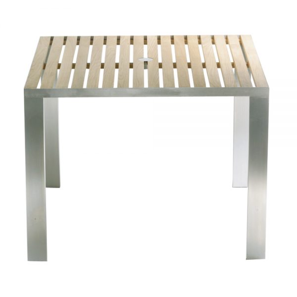 Jane Hamley Wells TAJI_TJ8545_A modern outdoor square dining table teak top stainless steel legs
