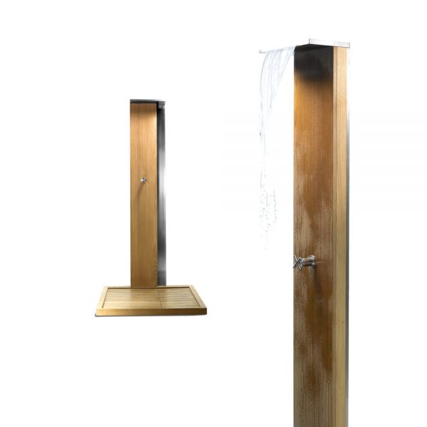 Jane Hamley Wells WATERFALL_WS4998_A freestanding modern outdoor shower hot and cold taps teak stainless steel
