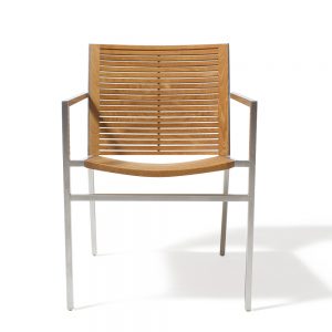 Jane Hamley Wells BEO_BO9101_A modern outdoor commercial stacking armchair teak stainless steel legs