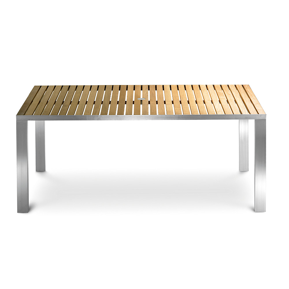 Jane Hamley Wells TAJI-TJ8549_A modern outdoor rectangle dining table teak top stainless steel legs